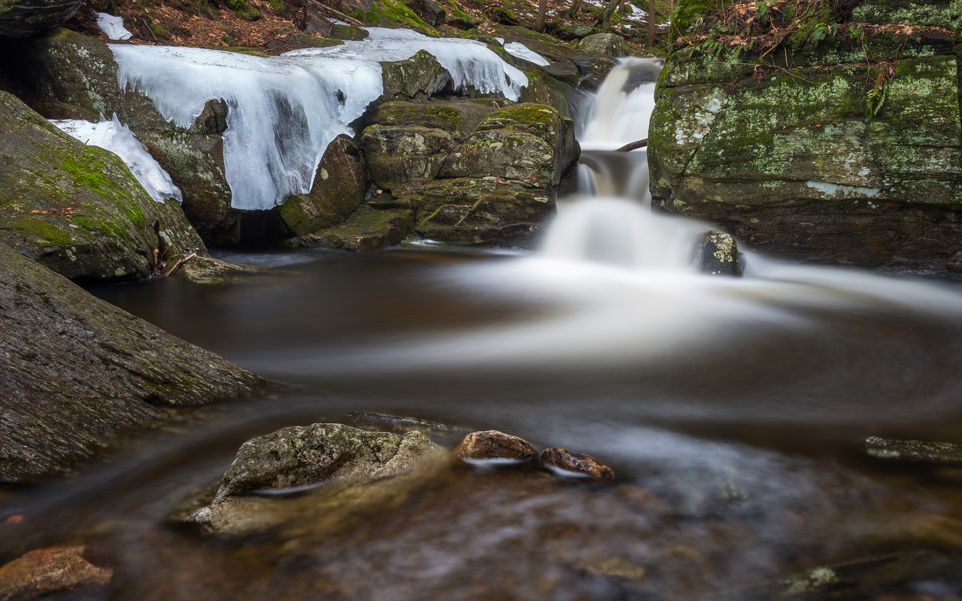 stream, Ice, Winter, Rock, Stone, Moss, Timelapse, River, Waterfalls Wallpaper