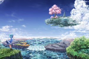 bloomers, Bow, Cherry, Blossoms, Cirno, Clouds, Dress, Forest, Landscape, Petals, Same, Scenic, Sky, Touhou, Tree, Water