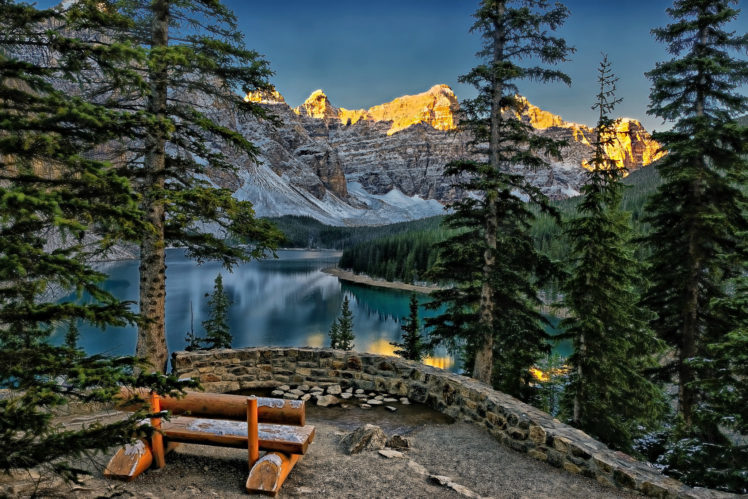 moraine, Lake, Valley, Of, Ten, Peaks, Banff, Canada, Mountains, Forest, Trees, Landscape, Alberta, Alberta, Bench, Lake HD Wallpaper Desktop Background