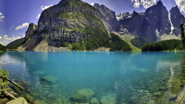 mountains, Rocks, Lake, Trees, Rocks, Sky, Clouds HD Wallpaper Desktop Background
