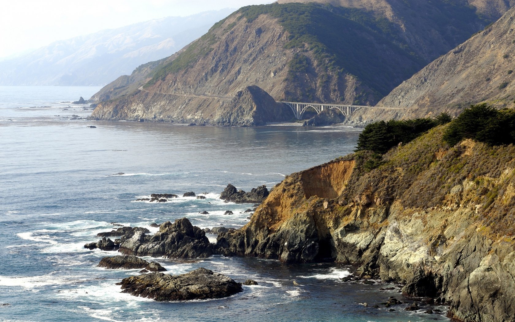 mountains, Bridge, Coast, Stones, Rocks, Sea, Foam, Distance Wallpaper
