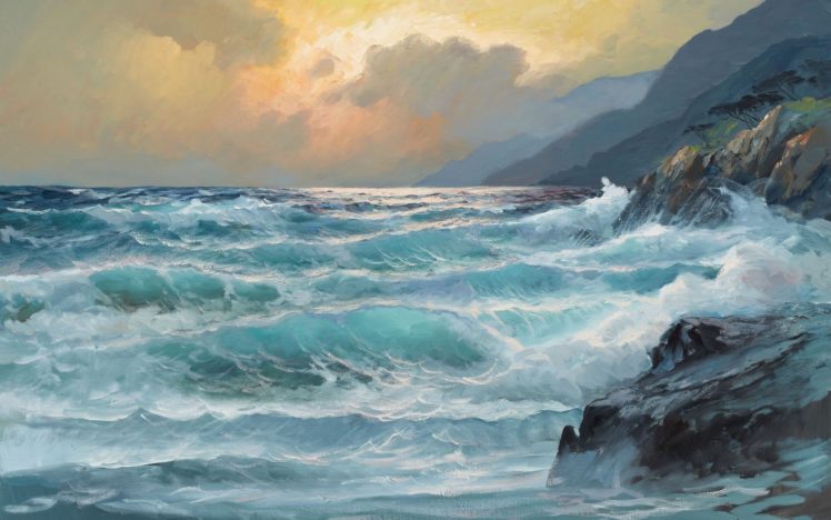 sea, Waves, Painting, Art, Storm, Rock HD Wallpaper Desktop Background