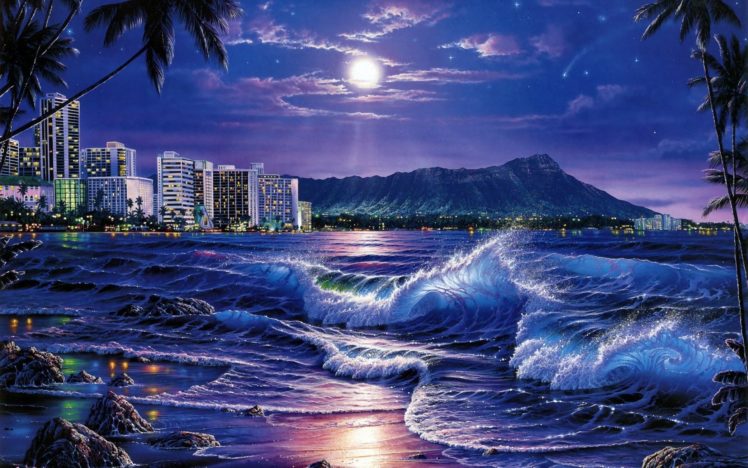 sea, Waves, City, Night, Beach, Moon, Stars, Painting, Art HD Wallpaper Desktop Background