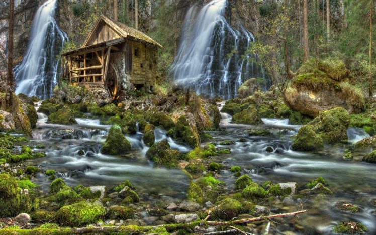 river, Forest, Waterfalls, A, Water, Mill, Stones, Moss, Nature, Landscape HD Wallpaper Desktop Background