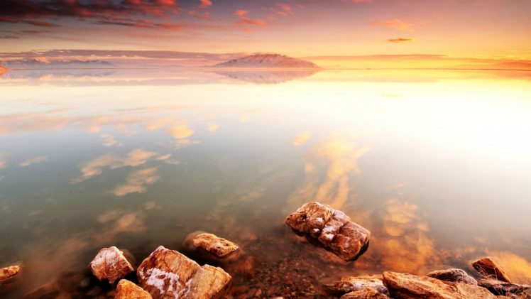 sunset, Ocean, Shore, Reflection, Stones, Rocks, Beaches HD Wallpaper Desktop Background