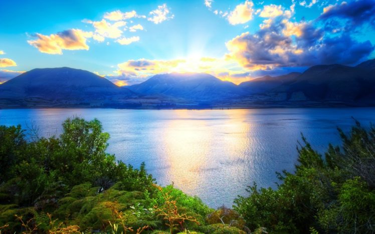 mountains, Sun, Light, Clouds, Vegetation, Lake, Bushes, Green, Fern, Trees HD Wallpaper Desktop Background