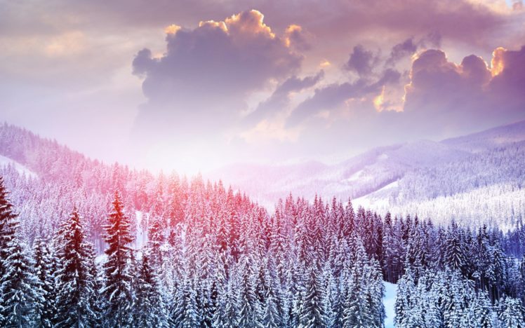 landscape, Winter, Snow, Trees, Mountains, Forest, Sky, Clouds HD Wallpaper Desktop Background