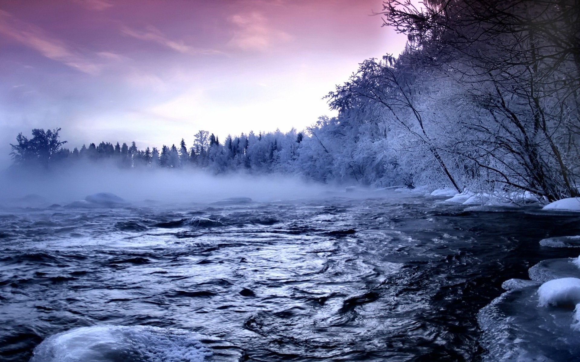 river, Ice, Trees, Fog, Current, Hoarfrost, Water, Winter Wallpaper