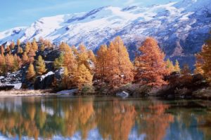 mountains, Autumn, Trees, Reflection, Lake, Sun