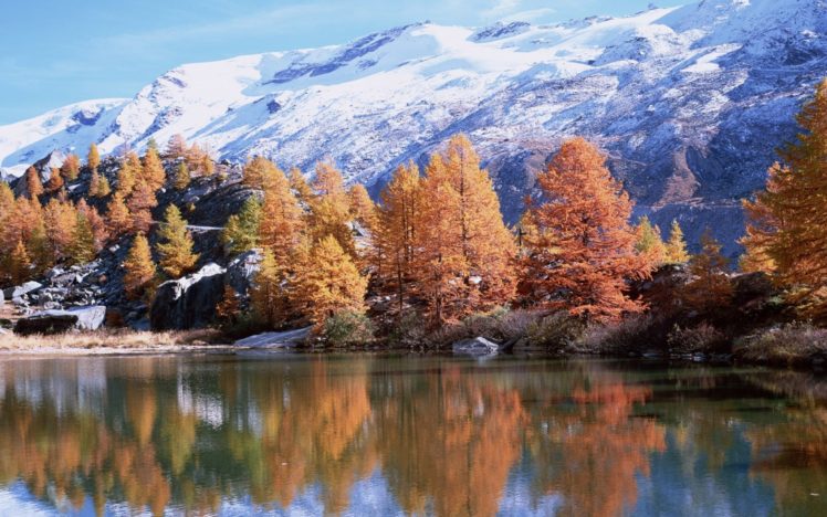 mountains, Autumn, Trees, Reflection, Lake, Sun HD Wallpaper Desktop Background