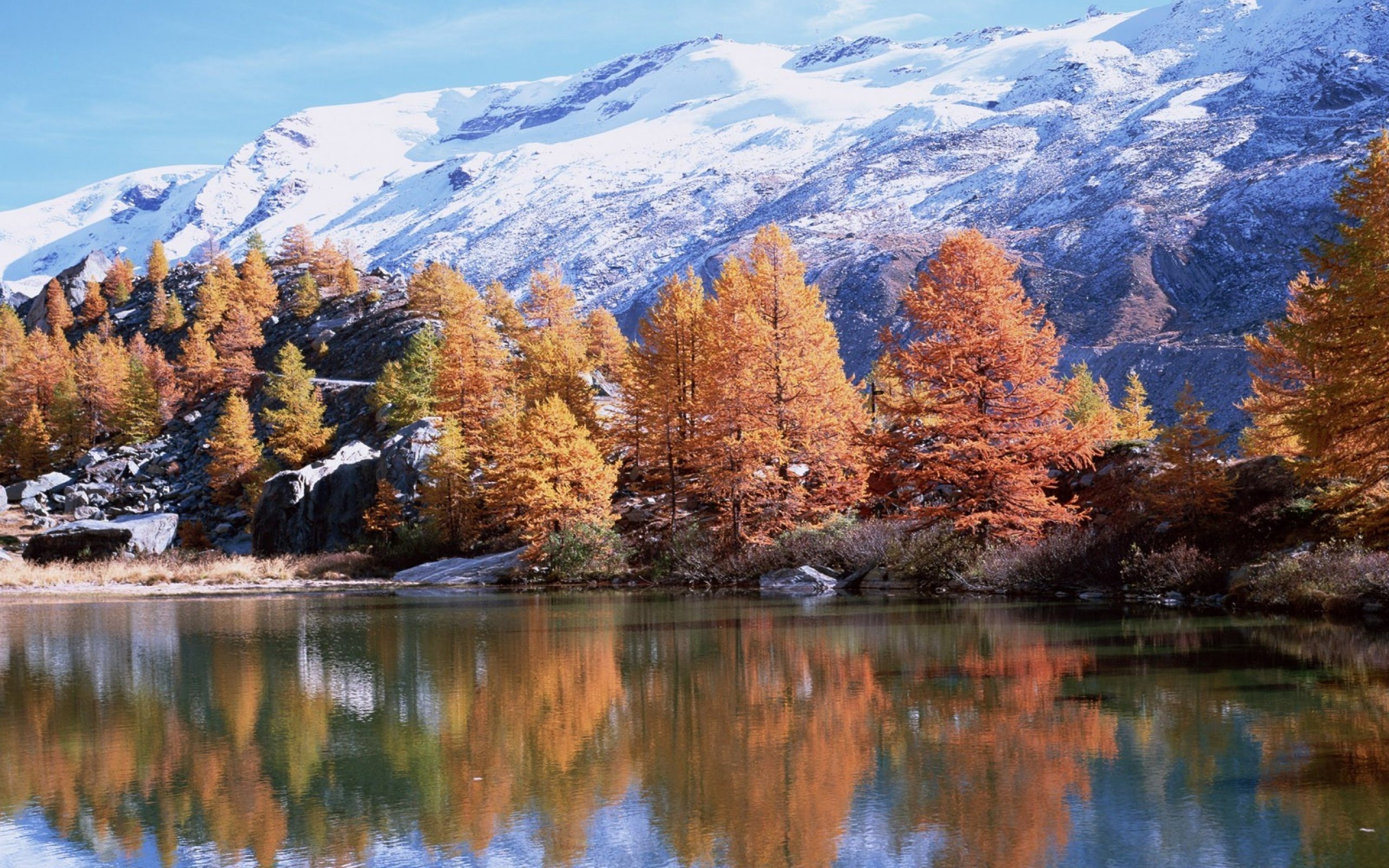 mountains, Autumn, Trees, Reflection, Lake, Sun Wallpaper