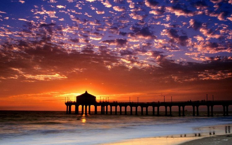 evening, Sea, Pier, Decline, Sky, Coast, Sun, Clouds, California, Beach HD Wallpaper Desktop Background