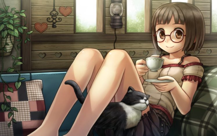 namaru, Girl, Cat, Cat, Mug, Tea, Sofa, Lamp, Plant, Glasses HD Wallpaper Desktop Background