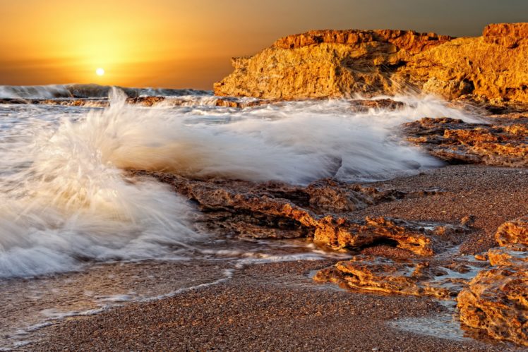 splashes, Wave, Splash, Stones, Porous, Sea, Rocks, Coast, Decline, Sun, Disk, Orange HD Wallpaper Desktop Background