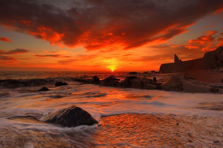sea, Waves, Rocks, Beach, Sunrise HD Wallpaper Desktop Background
