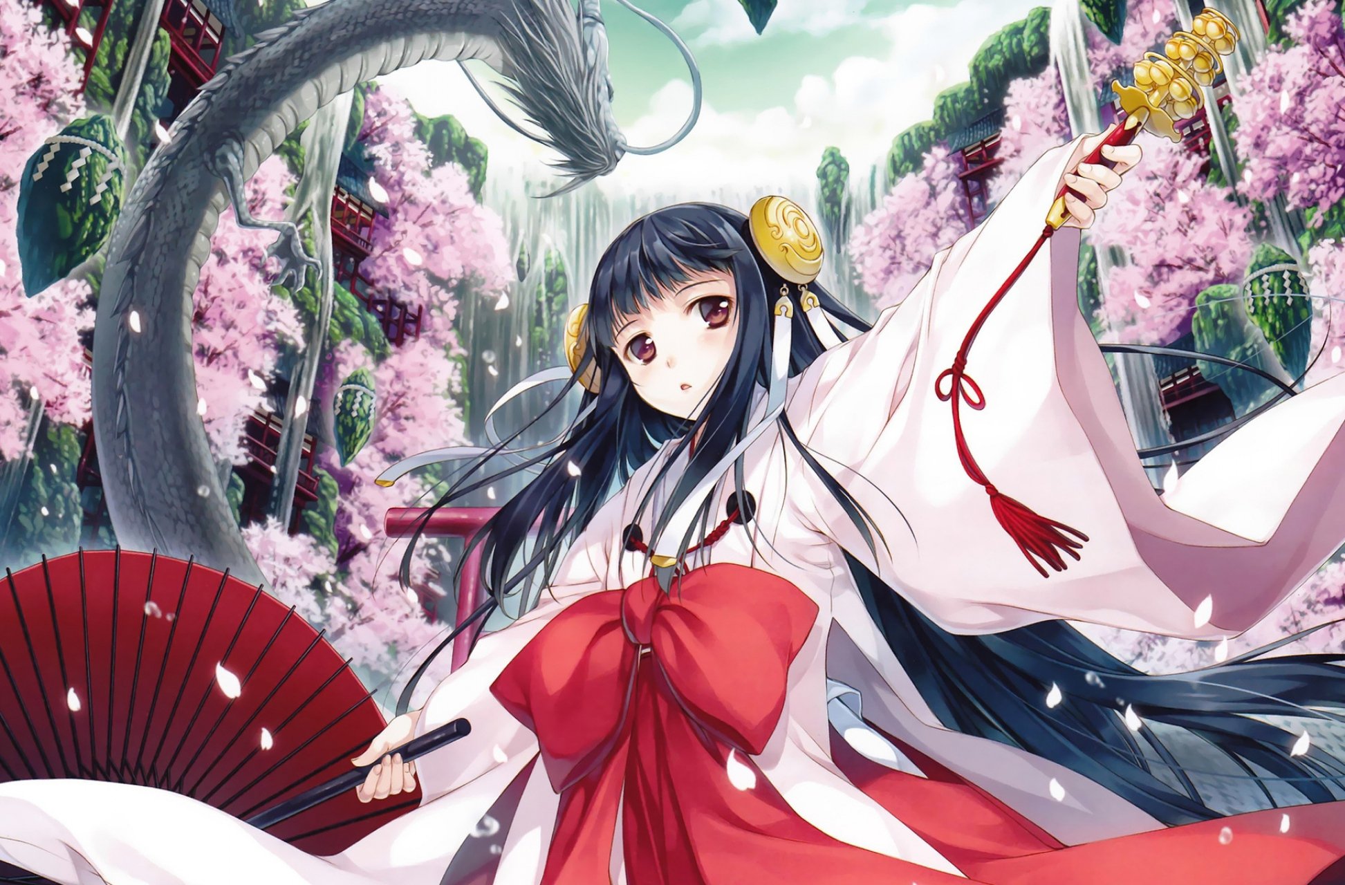 temple, Dragon, Girl, Anime, Kimono Wallpaper