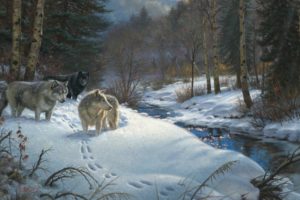 mark, Keathley, Valley, Of, Shadows, Painting, Winter, Forest, Creek, Animals, Wolves, Night, Yurt, Western, Art, Native, Indian