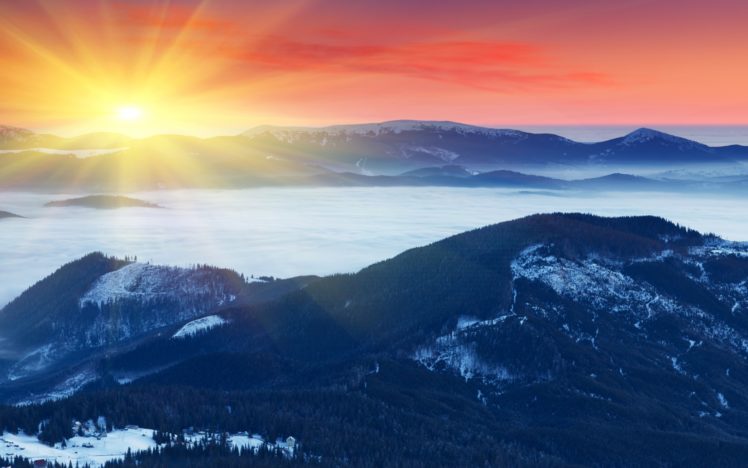 mountains, Fog, Sun, Snow, Winter, Dawn, Sunrise, Sunsey, Beams, Rays, Fog HD Wallpaper Desktop Background