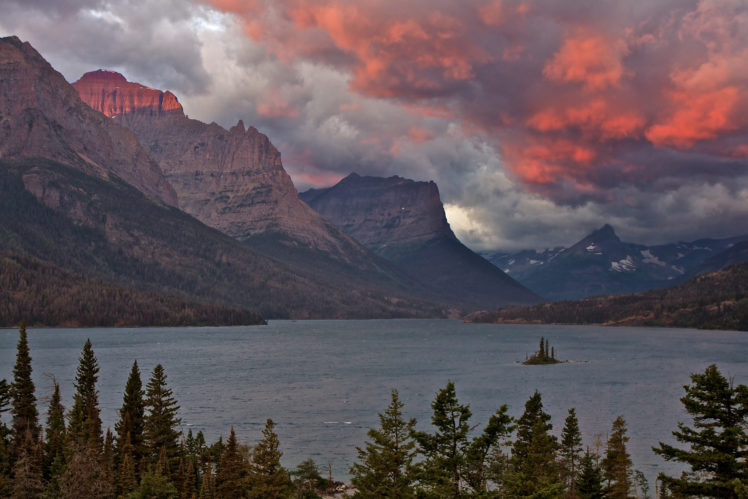 mountains, Sky, Clouds, Sunset, Lake, Forest HD Wallpaper Desktop Background