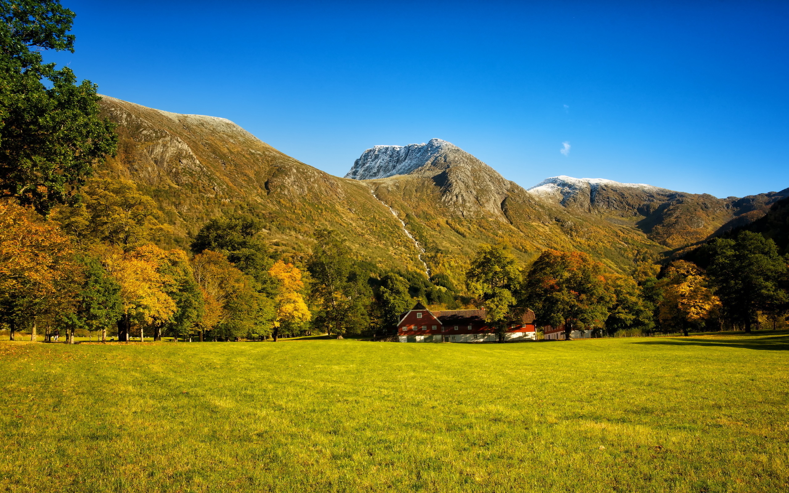 autumn, Mountains, Waterfalls, Woods, Trees, Grass, Meadow, House, , Buildings, Rustic Wallpaper