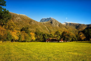 autumn, Mountains, Waterfalls, Woods, Trees, Grass, Meadow, House, , Buildings, Rustic