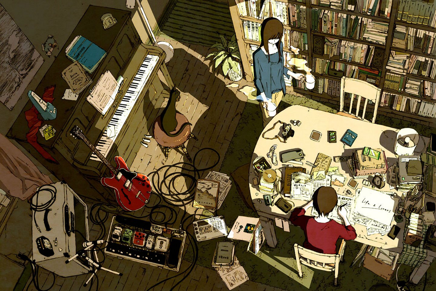 animal, Book, Brown, Hair, Camera, Cat, Guitar, Instrument, Kawano, Male, Original, Paper, Piano Wallpaper