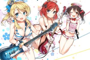 ayase, Eri, Bikini, Bow, Breasts, Cleavage, Cozyquilt, Gloves, Guitar, Hat, Instrument, Long, Hair, Microphone, Swimsuit, Tattoo, Twintails, Wink, Yazawa, Nico