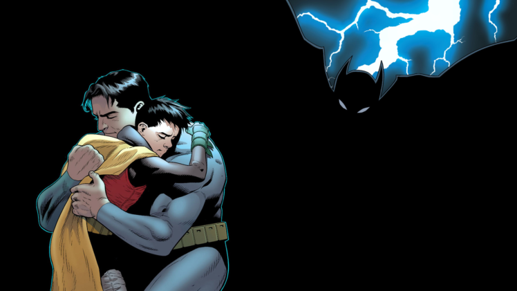 batman, Robin, Hug, Embrace, Lightning, Black, Dc comics HD Wallpaper Desktop Background