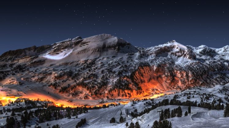 ice, Mountains, Landscapes, Snow, Night, Fire, Deviantart, High, Definition, Hdr, Photography, Skyscapes, Evrengunturkun HD Wallpaper Desktop Background