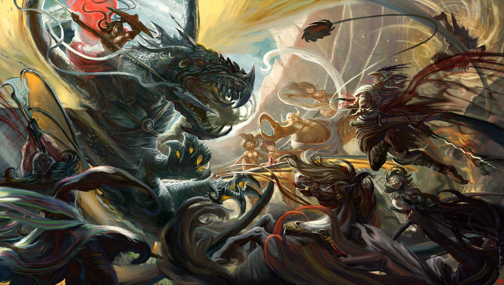 battles, Dragons, Warriors, Spear, Fantasy Wallpaper