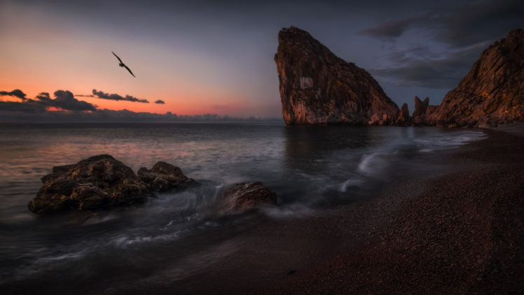 landscape, Crimea, The, Sea, Rocks, Beach, Sunset, Bird HD Wallpaper Desktop Background
