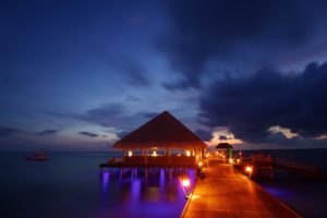 night, Lights, Maldives, Tropical, Beach, Bungalow, Ocean, Sea, Sunset, Reflection
