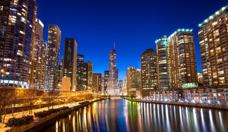 chicago, Buildings, Skyscrapers, River, Embankment, Night, City, Glare, Skyscraper, Reflection, Window, Rivers HD Wallpaper Desktop Background