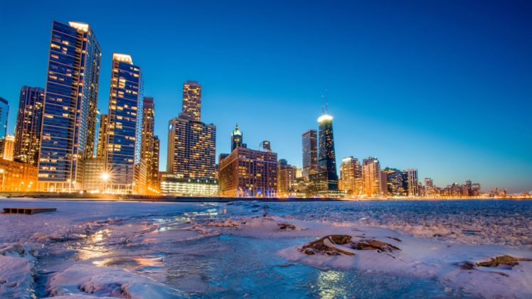 chicago, Winter, Ice, Skyscrapers, Bay, City, Nightlife, Window, Lakes, Beaches HD Wallpaper Desktop Background