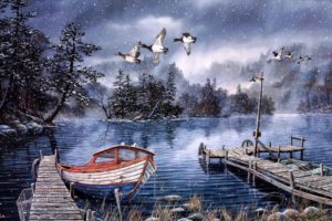 winter, Snow, Rustic, Duck, Ducks, Birds, Lakes, Trees, Boat, Boats, Country, Art, Print, Painting