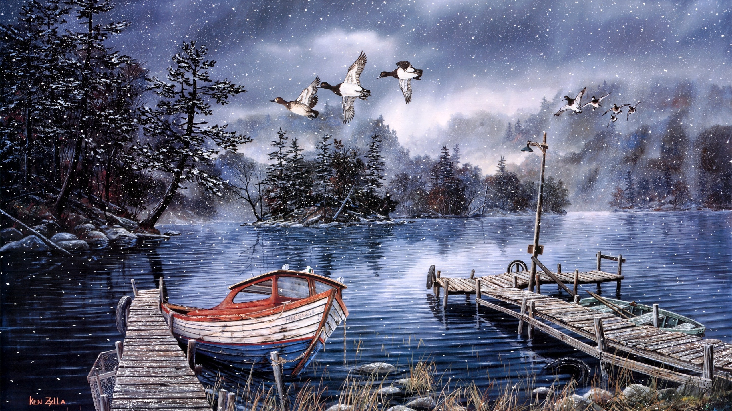 winter, Snow, Rustic, Duck, Ducks, Birds, Lakes, Trees, Boat, Boats, Country, Art, Print, Painting Wallpaper