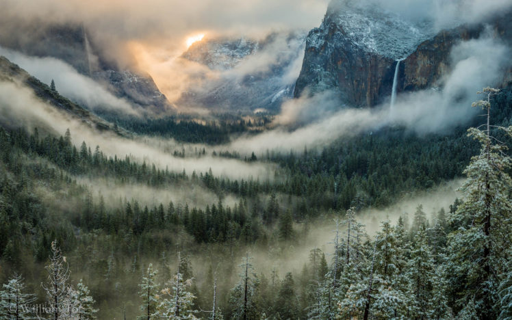 yosemite, Clouds, Fog, Mist, Valley, Trees, Forest, Landscape, Mountains, Waterfall, Winter HD Wallpaper Desktop Background