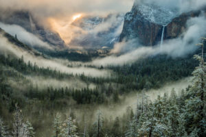 yosemite, Clouds, Fog, Mist, Valley, Trees, Forest, Landscape, Mountains, Waterfall, Winter