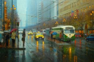 painting, Art, Po, Pin, Lin, Street, City, Rain, Tram, People, Umbrellas, Taxi, Lights, Lamps, Lights, Cars, Road, Wire, Flags, America