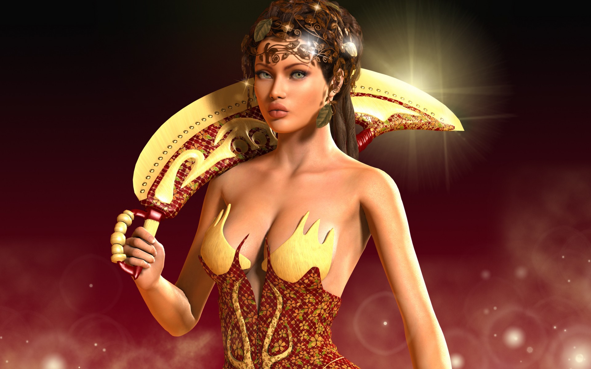 rendering, Girl, Princess, Face, Eyes, Arms, Hair, Leaves, Hand, Lights Wallpaper