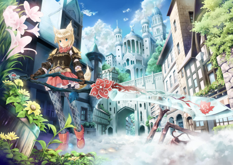 animal, Ears, Aqua, Eyes, Armor, Blonde, Hair, City, Clouds, Fantasy, Earth, Zero, Flowers, Foxgirl, Ryouku, Skirt, Sky, Tail, Tree HD Wallpaper Desktop Background