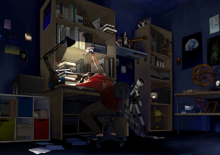 book, Earth, Glasses, Kurono kuro, Male, Original, Planet, Sleeping, Space HD Wallpaper Desktop Background