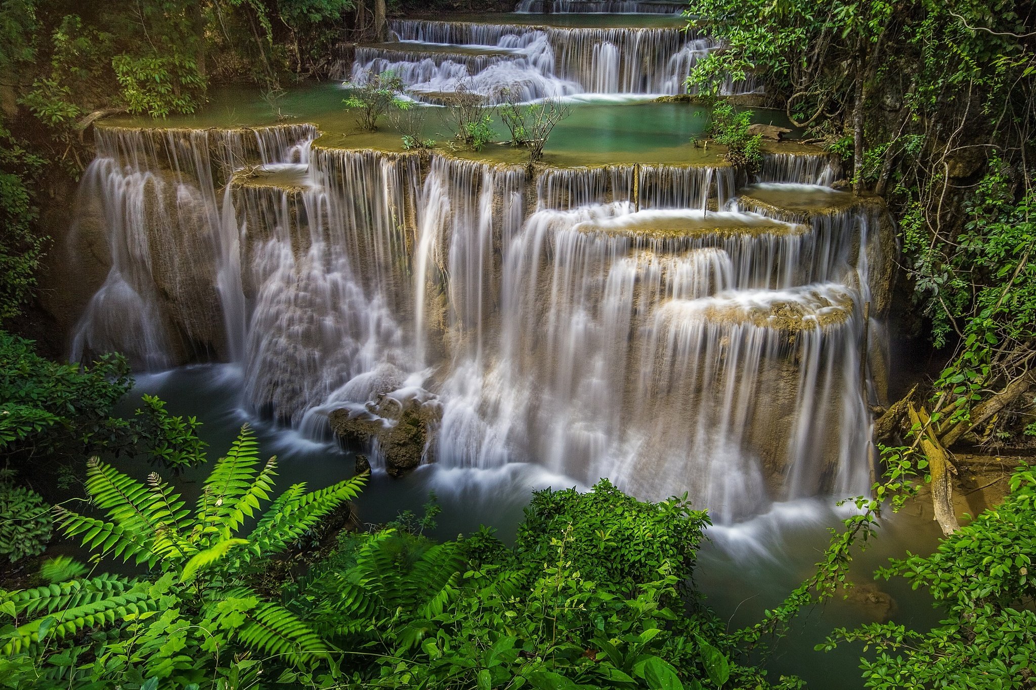 waterfall, Cascade, Trees, Rocks, Periroda Wallpaper