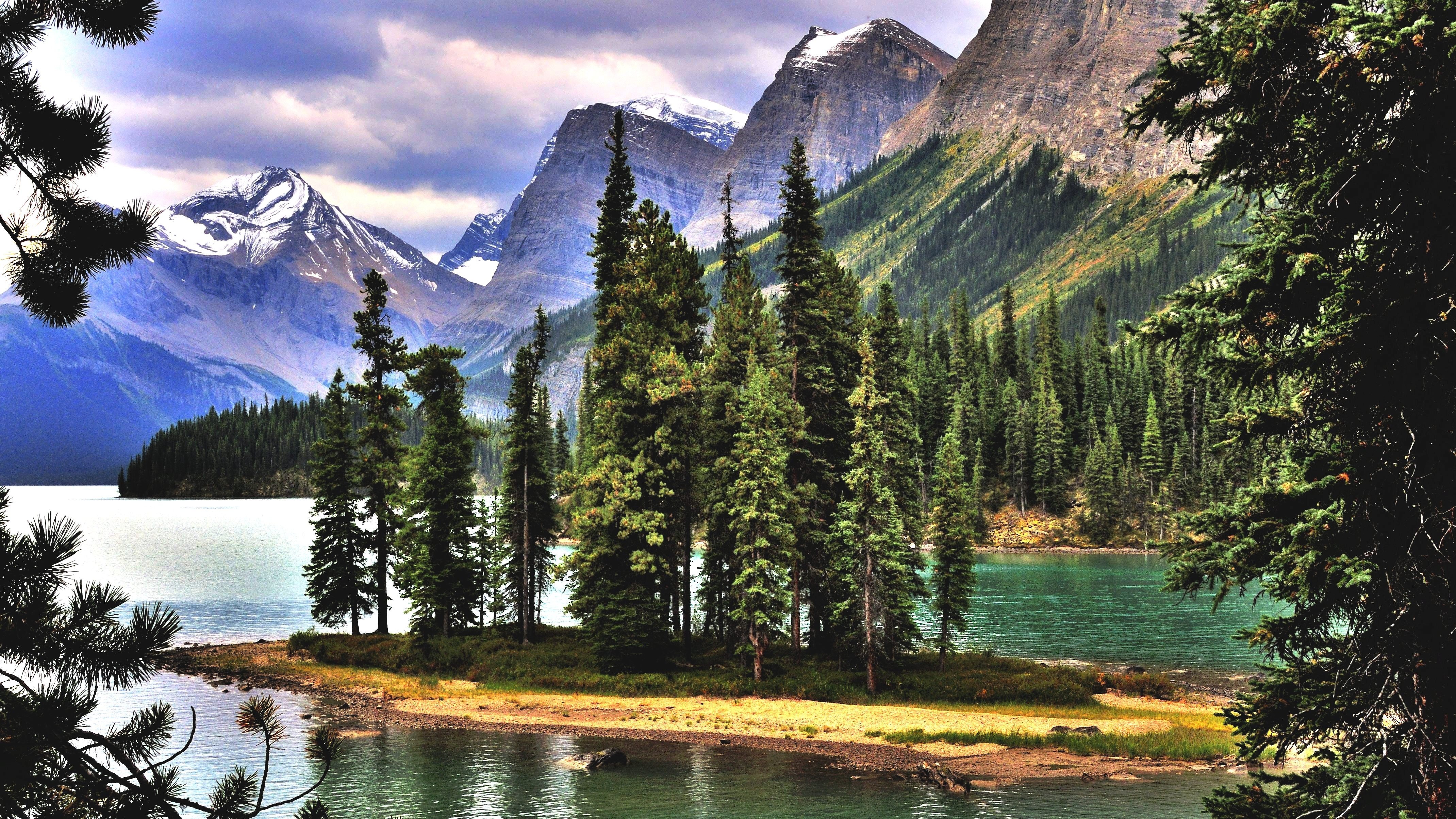 maligne, Lake, Alberta, Canada, Lake, Mountains, Trees, Landscape Wallpaper