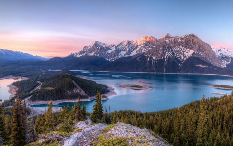 kananaskis, Lakes, Canada, Lake, Mountains, Trees, Landscape, Panorama HD Wallpaper Desktop Background