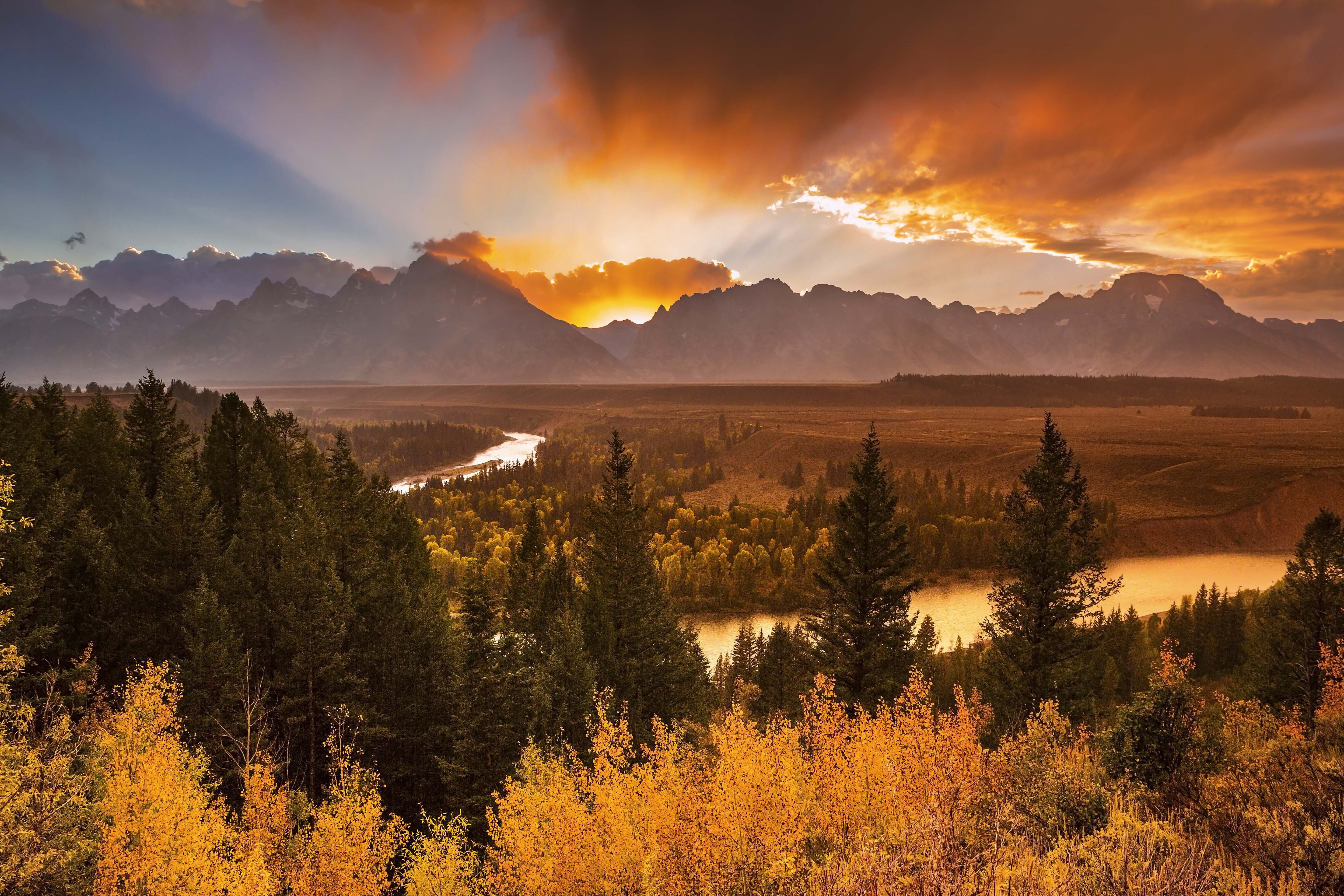 river, Overlook, Grand, Teton, National, Park, Sunset, Mountain, River, Forest, Trees, Autumn, Landscape Wallpaper
