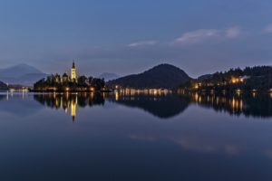 slovenia, Lake, Bled, Slovenia, Lake, Island, Church, Houses, Hills, Trees, Sky, Evening, Night, Lights, Landscape, Nature
