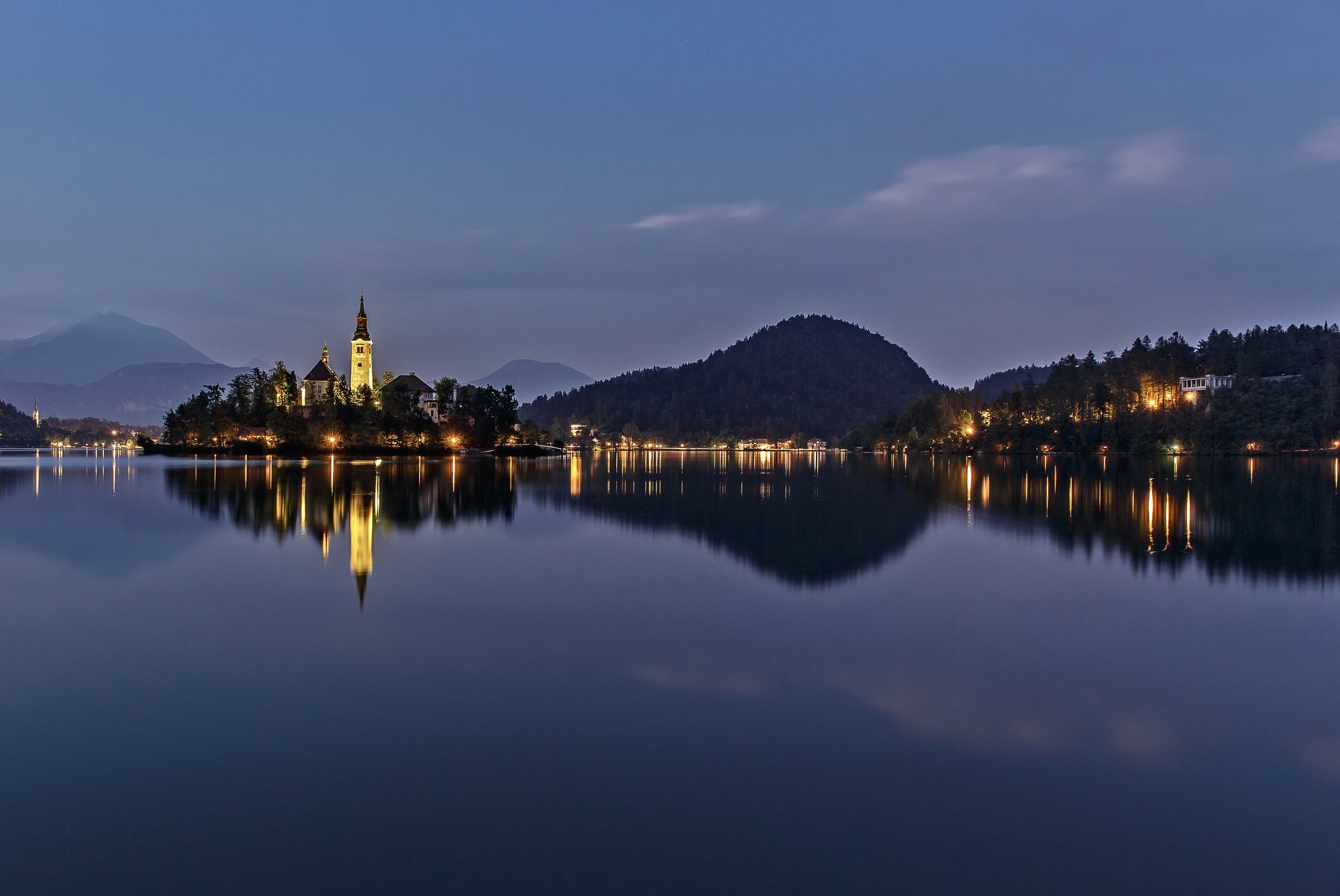 slovenia, Lake, Bled, Slovenia, Lake, Island, Church, Houses, Hills, Trees, Sky, Evening, Night, Lights, Landscape, Nature Wallpaper