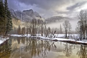 yosemite, Valley, California, Mountains, Trees, Winter, River, Landscape, Waterfall, Reflection