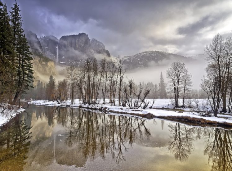yosemite, Valley, California, Mountains, Trees, Winter, River, Landscape, Waterfall, Reflection HD Wallpaper Desktop Background